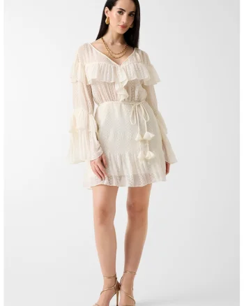 Rochie mini cu volane si canafi, Alb fildes