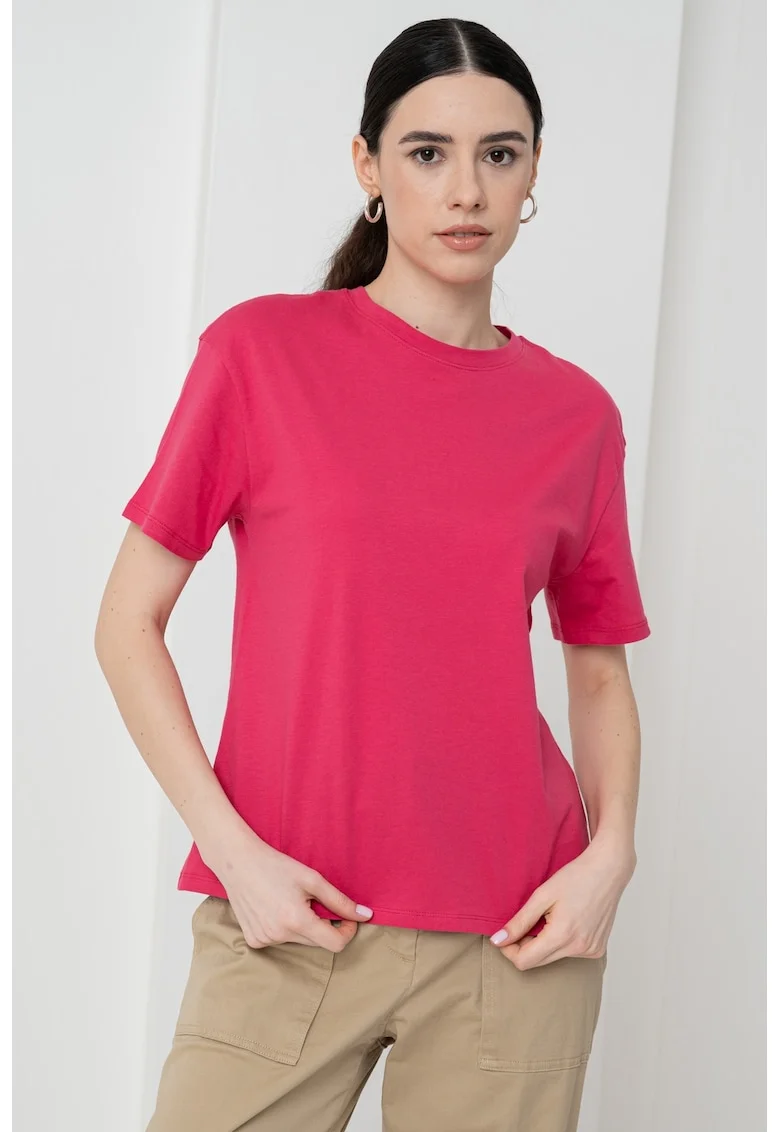 Tricou din bumbac cu decolteu la baza gatului, Fucsia
