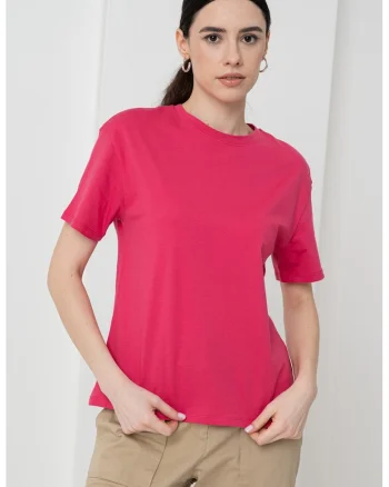 Tricou din bumbac cu decolteu la baza gatului, Fucsia