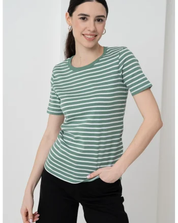 Tricou in dungi cu decolteu la baza gatului, Alb/Verde