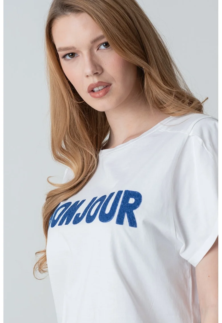 Tricou cu imprimeu logo, Albastru inchis/Alb murdar