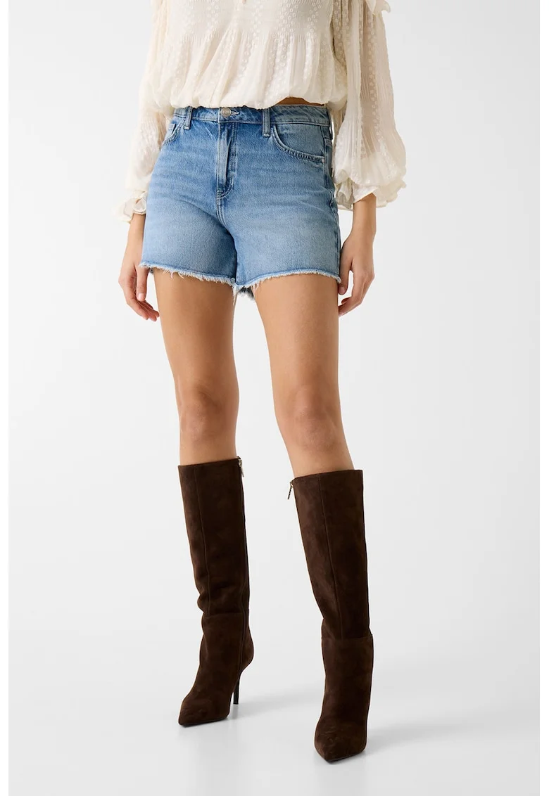 Pantaloni scurti din denim cu terminatii nefinisate, Albastru deschis
