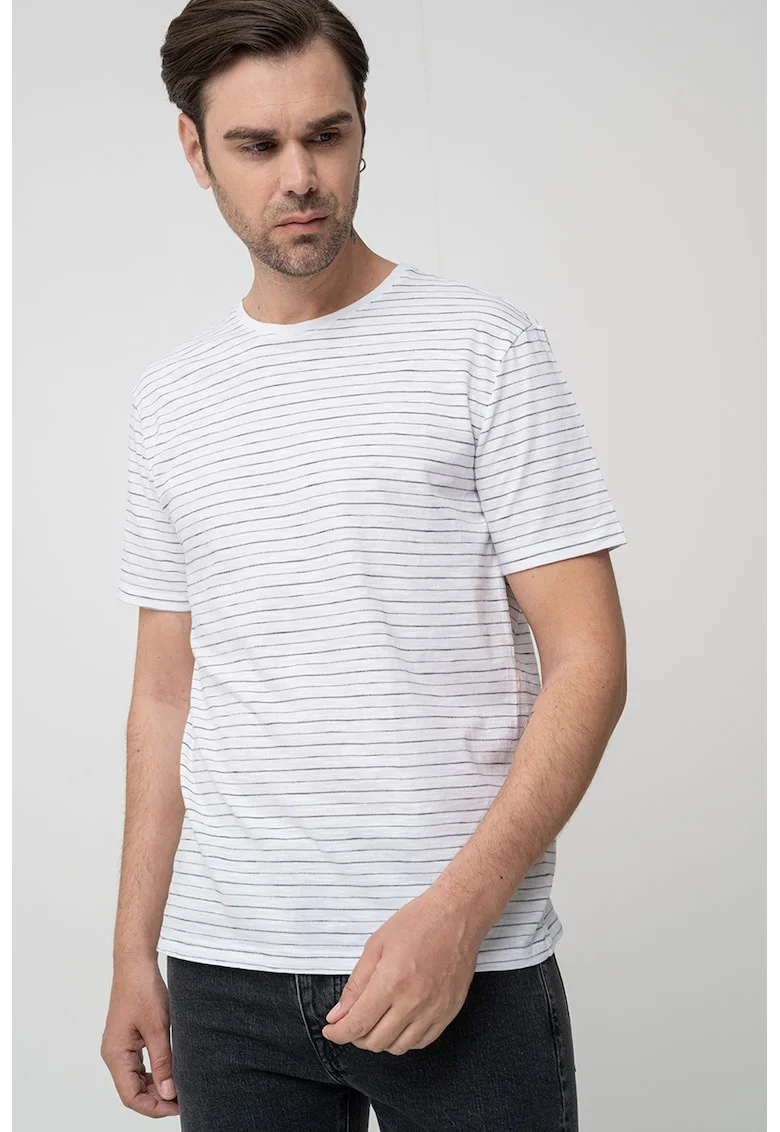 Tricou cu decolteu la baza gatului si imprimeu in dungi, Alb/Negru