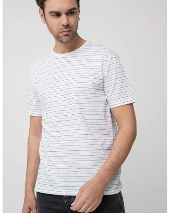 Tricou cu decolteu la baza gatului si imprimeu in dungi, Alb/Negru