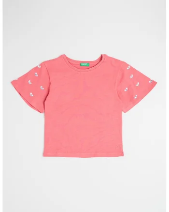 Tricou de bumbac cu aplicatii de strasuri, Roz zmeuriu/Argintiu