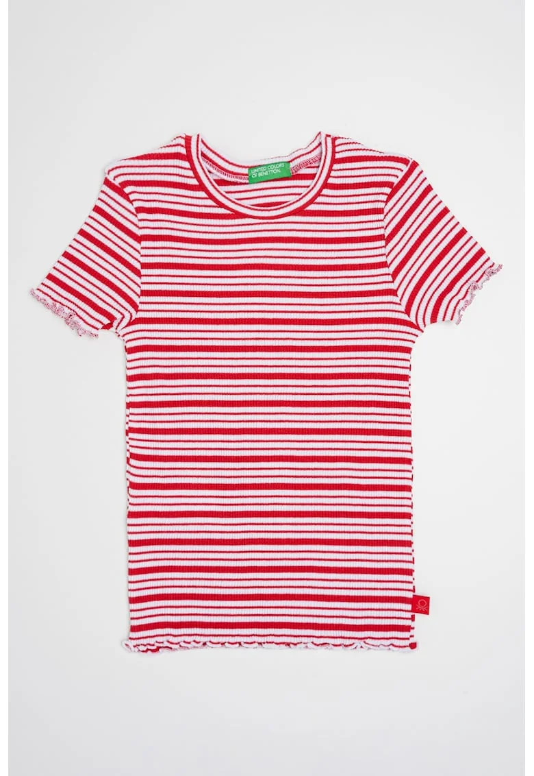 Tricou cu decolteu la baza gatului si model in dungi, Rosu/Alb optic