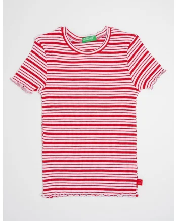 Tricou cu decolteu la baza gatului si model in dungi, Rosu/Alb optic