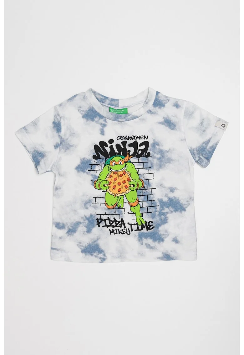 Tricou cu model si decolteu la baza gatului, Alb/Albastru inchis