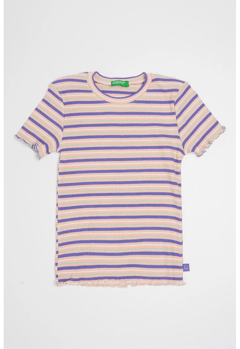 Tricou cu decolteu la baza gatului si model in dungi, Verde/Lila/Roz prafuit
