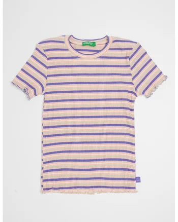 Tricou cu decolteu la baza gatului si model in dungi, Verde/Lila/Roz prafuit