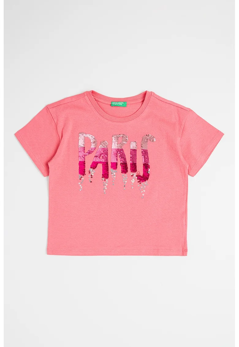 Tricou de bumbac cu aplicatii de paiete, Roz/Argintiu