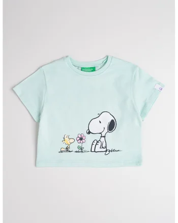 Tricou cu decolteu la baza gatului si Peanuts, Galben/Verde menta