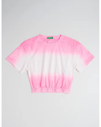 Tricou cu model tie-dye si terminatie elastica, Alb/Roz