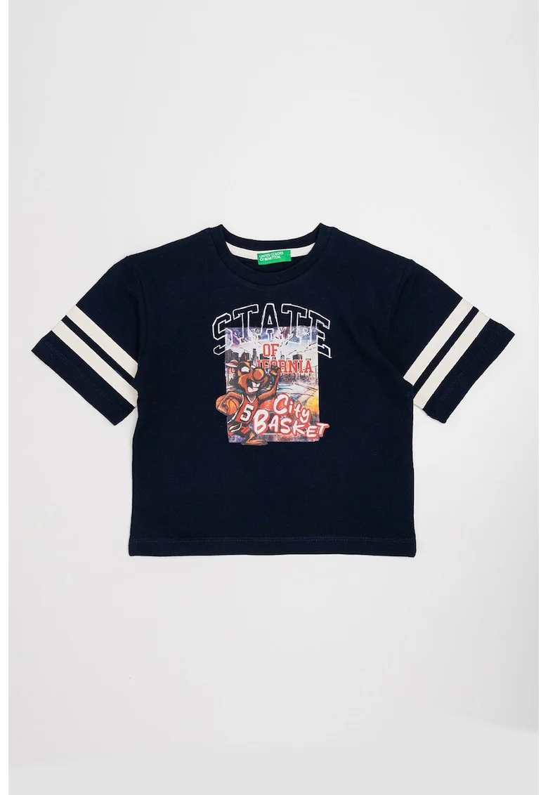 Tricou cu decolteu la baza gatului si imprimeu grafic, Alb/Albastru ultramarin