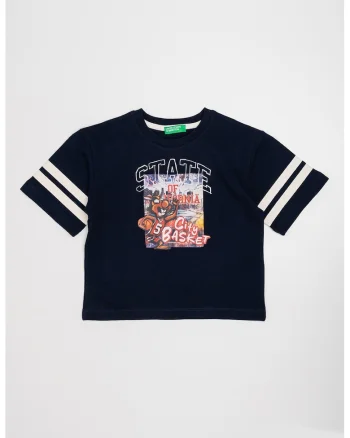 Tricou cu decolteu la baza gatului si imprimeu grafic, Alb/Albastru ultramarin