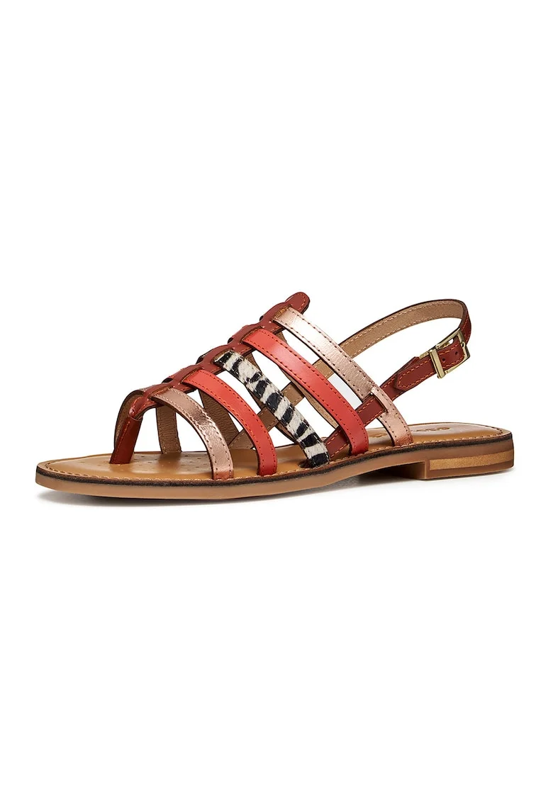 Sandale din piele si piele cu par scurt, Auriu rose/Rosu corai