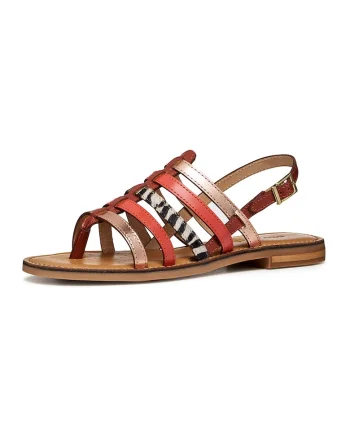 Sandale din piele si piele cu par scurt, Auriu rose/Rosu corai