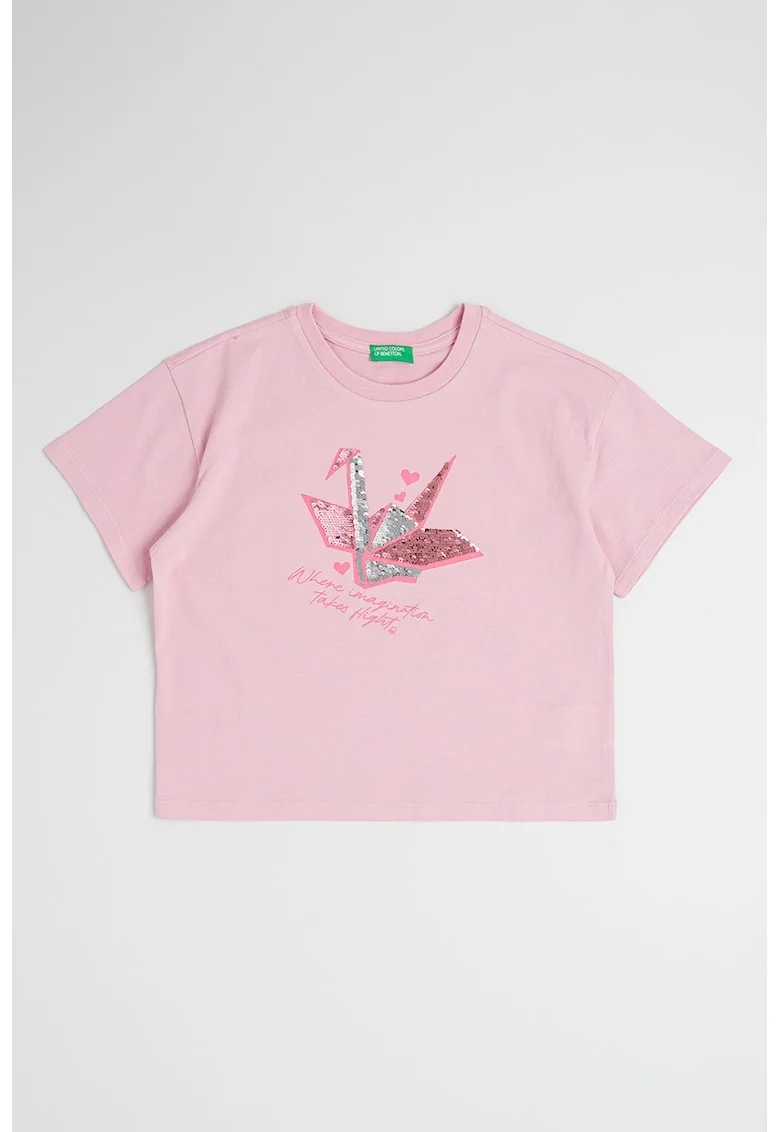 Tricou de bumbac cu aplicatii de paiete, Roz