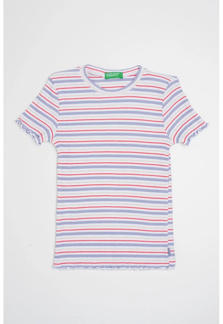 Tricou cu decolteu la baza gatului si model in dungi, Roz pastel/Lila/Alb optic