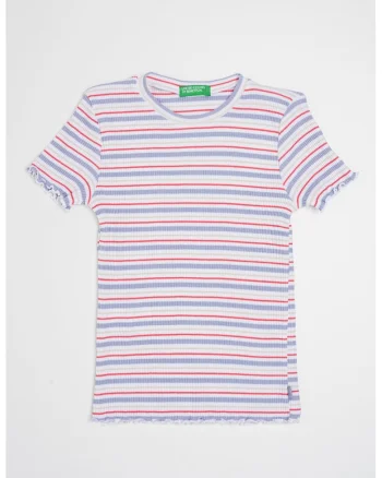 Tricou cu decolteu la baza gatului si model in dungi, Roz pastel/Lila/Alb optic