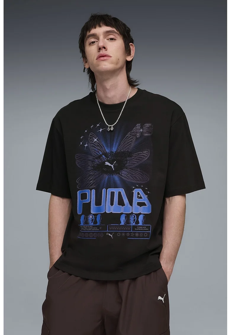 Tricou de bumbac cu imprimeu, Negru/Albastru deschis