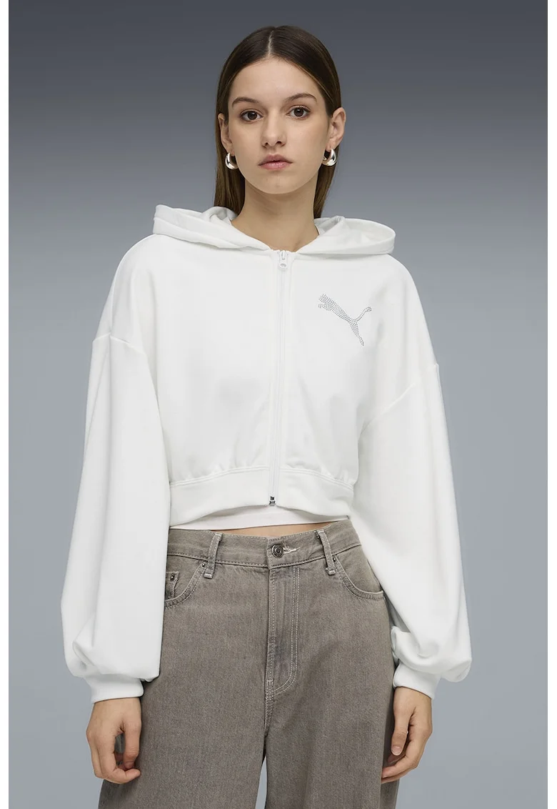 Hanorac crop Essentials Bedazzled, Alb