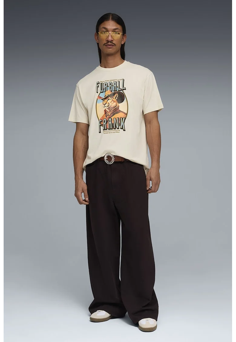 Tricou relaxed fit cu imprimeu text si grafic, Crem