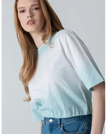 Tricou crop cu model uni, Alb/Verde pal