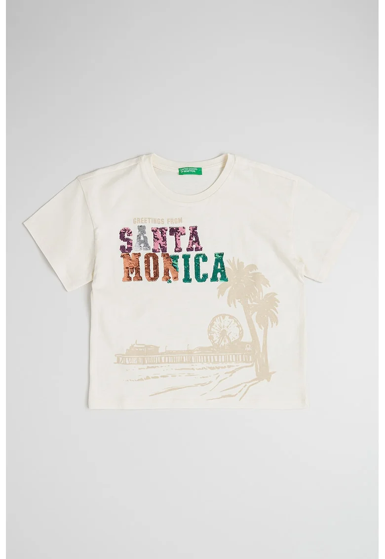 Tricou de bumbac cu aplicatii de paiete, Verde/Alb fildes