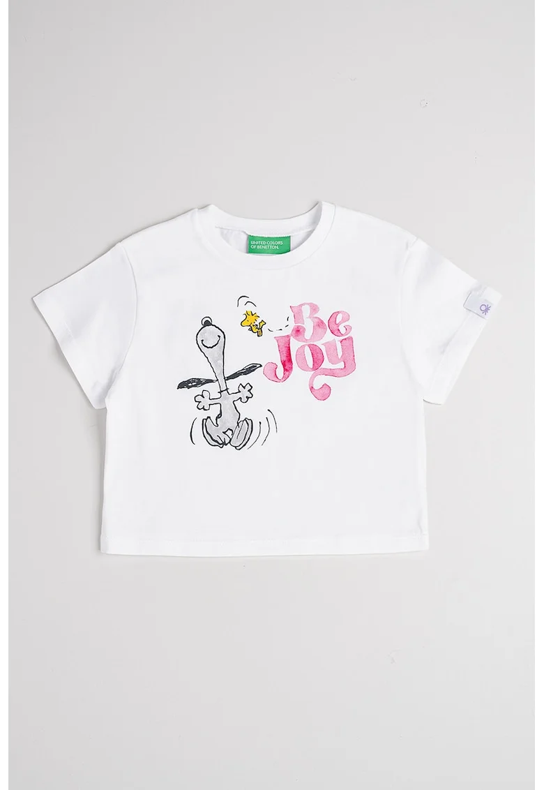 Tricou cu decolteu la baza gatului si Peanuts, Alb/Roz/Gri inchis