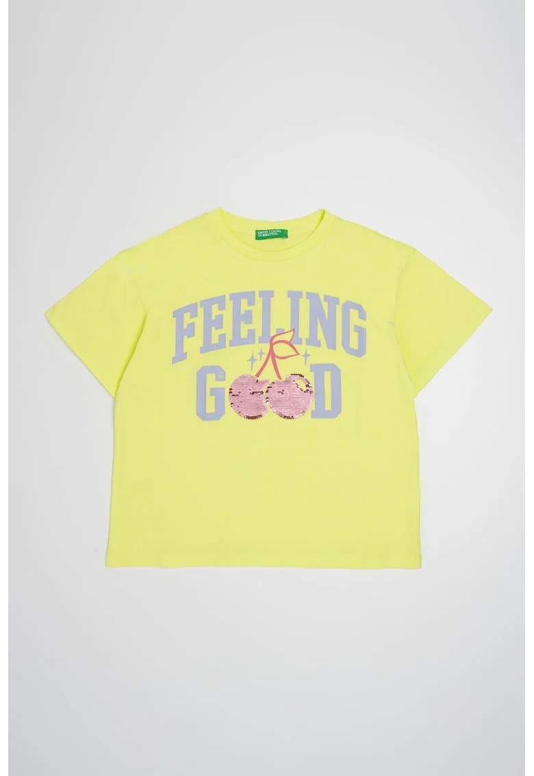 Tricou de bumbac cu aplicatii de paiete, Lila/Verde lime