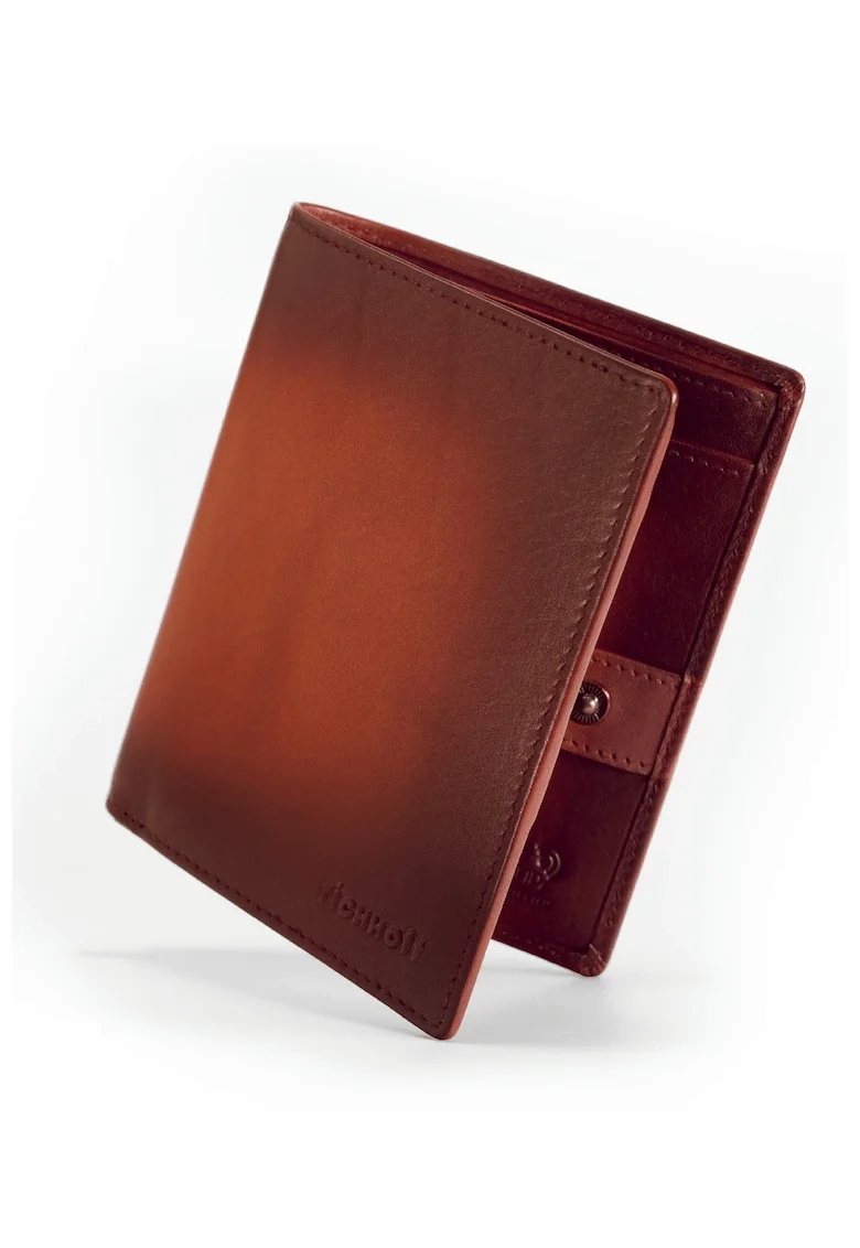 Portofel modern slim vertical barbati,  protectie RFID, piele naturala premium, Maro camel