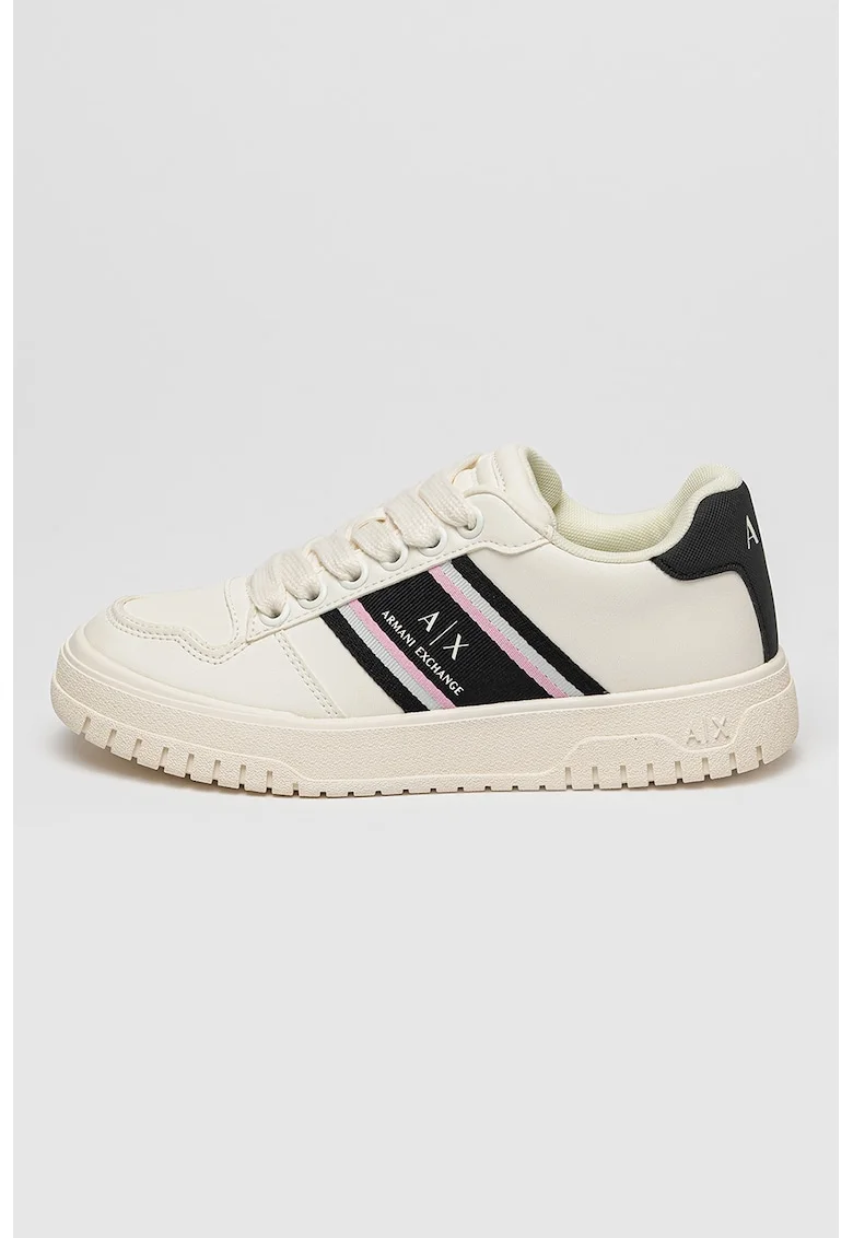 Pantofi sport cu broderie logo si sireturi, Alb/Negru/Roz deschis