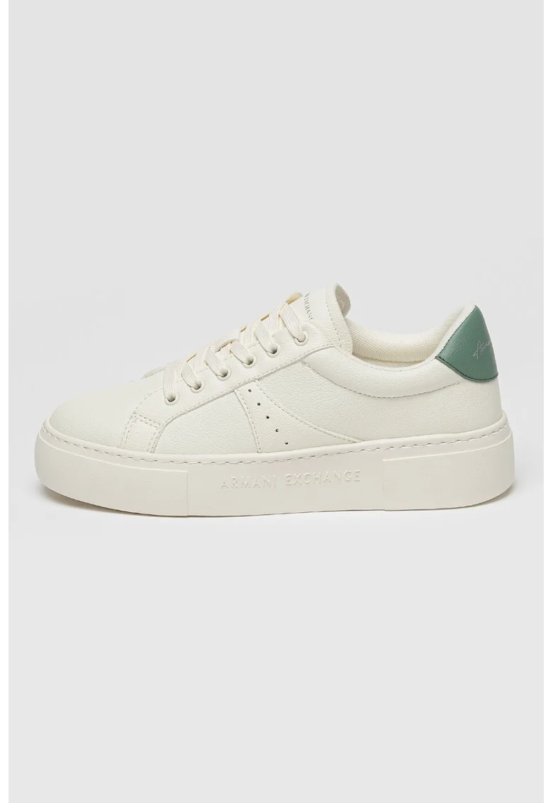 Pantofi sport low cut din piele ecologica, Alb optic/Verde sparanghel