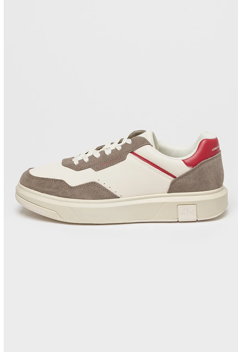 Pantofi sport din piele ecologica si material textil, Maro taupe/Rosu inchis/Alb murdar
