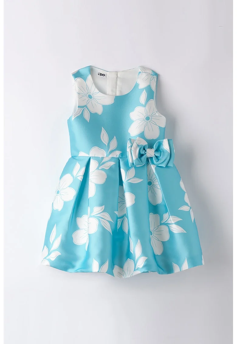 Rochie evazata cu model floral si funda, Turcoaz/Alb optic