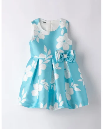 Rochie evazata cu model floral si funda, Turcoaz/Alb optic