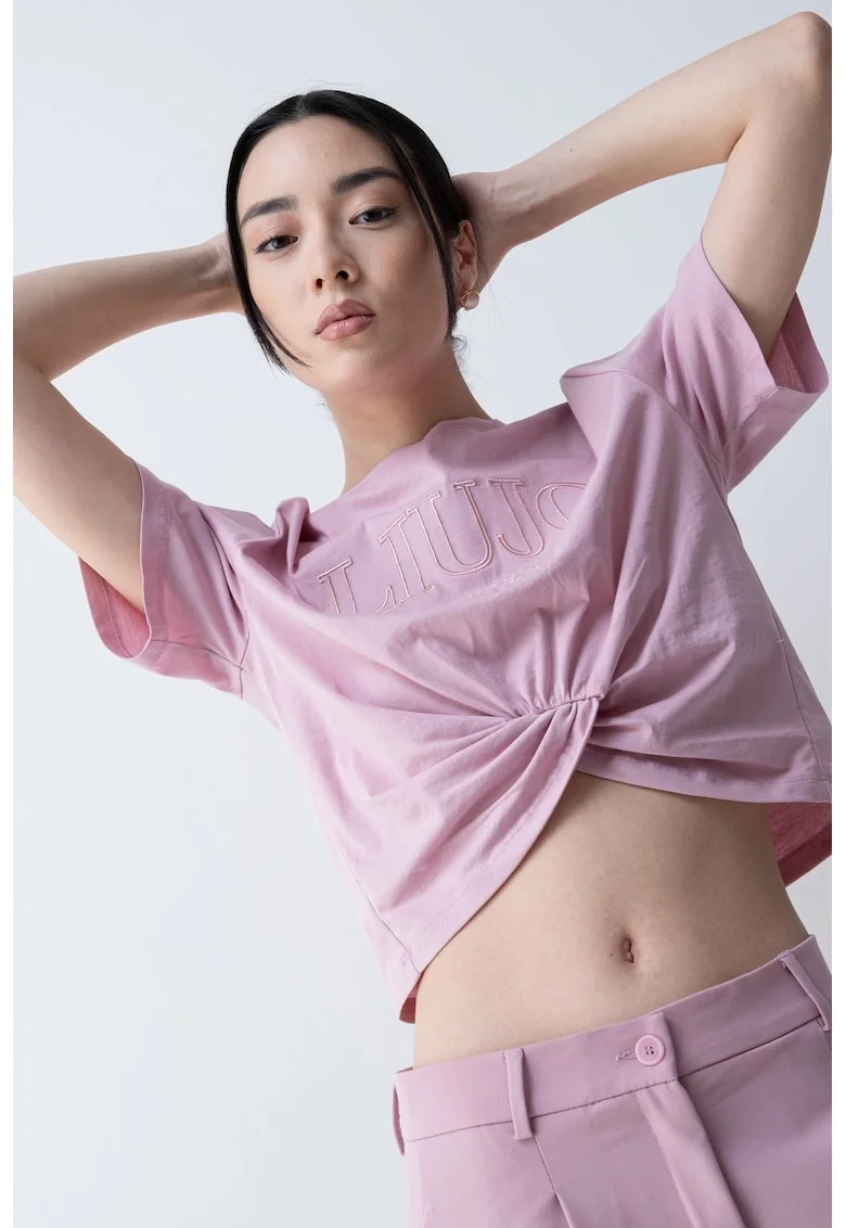 Tricou crop din bumbac cu imprimeu logo, Roz deschis