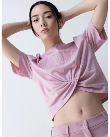 Tricou crop din bumbac cu imprimeu logo, Roz deschis