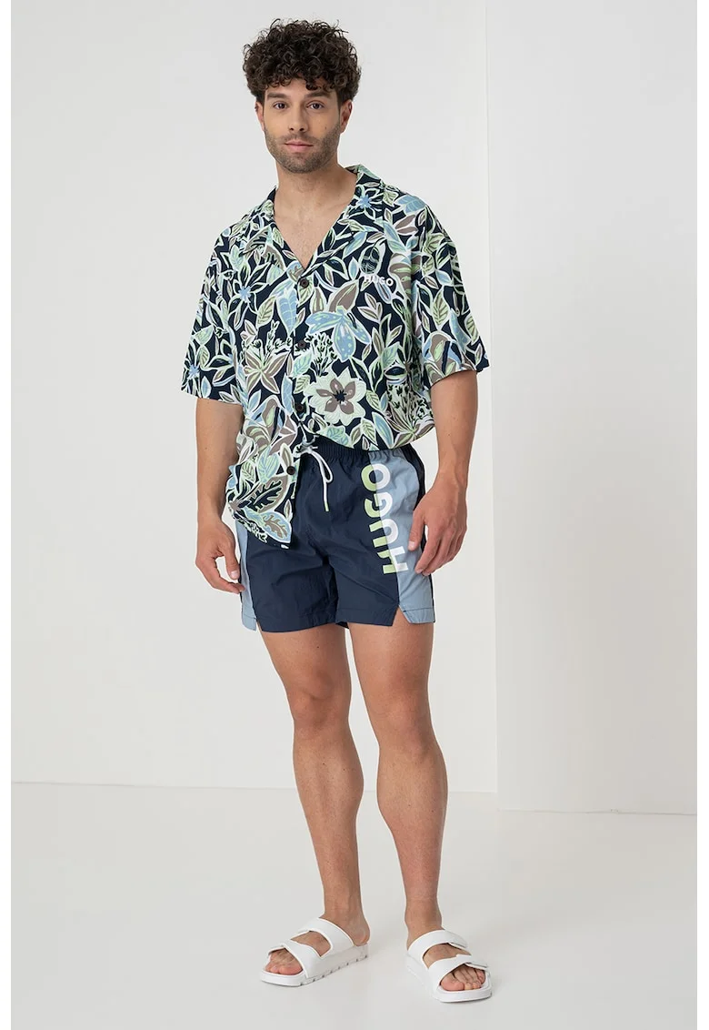 Pantaloni scurti de baie cu imprimeu logo, Alb/Verde lime/Bleumarin