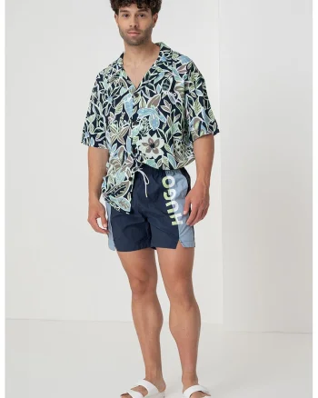Pantaloni scurti de baie cu imprimeu logo, Alb/Verde lime/Bleumarin