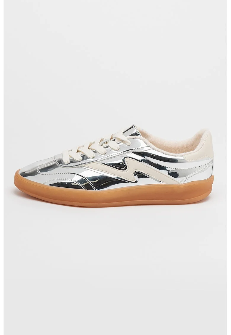 Pantofi sport de piele ecologica cu sireturi Giia, Alb/Argintiu