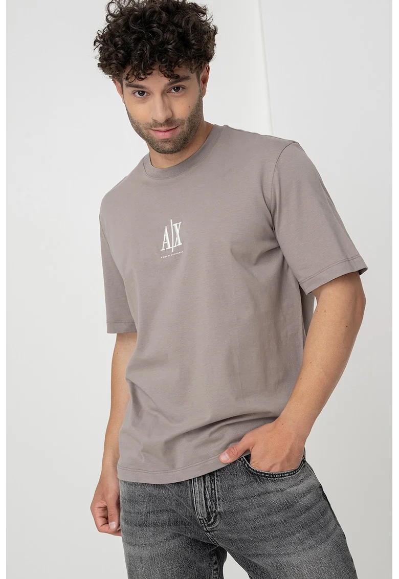 Tricou cu logo si decolteu la baza gatului, Maro deschis