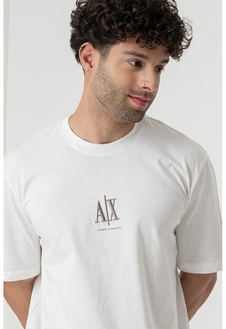 Tricou cu logo si decolteu la baza gatului, Maro taupe deschis/Alb murdar