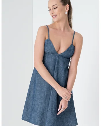 Rochie scurta din denim cu decolteu in V, Bleumarin