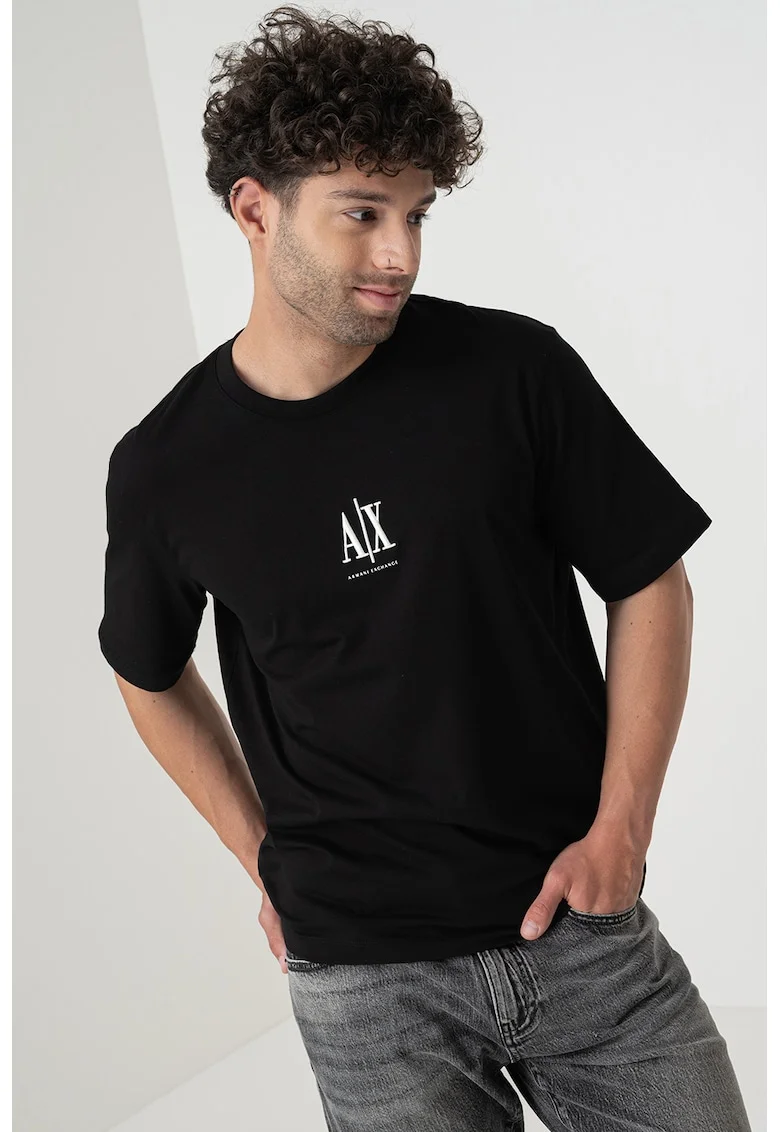 Tricou cu logo si decolteu la baza gatului, Alb/Negru
