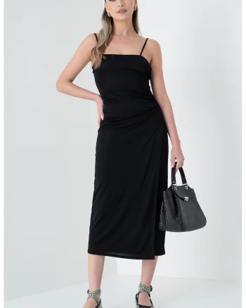 Rochie fara maneci cu model drapat, Negru