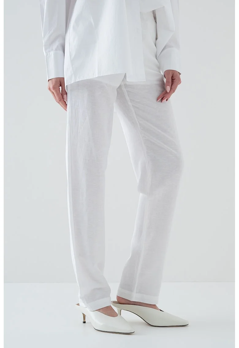 Pantaloni din amestec de in cu croiala dreapta, Alb optic