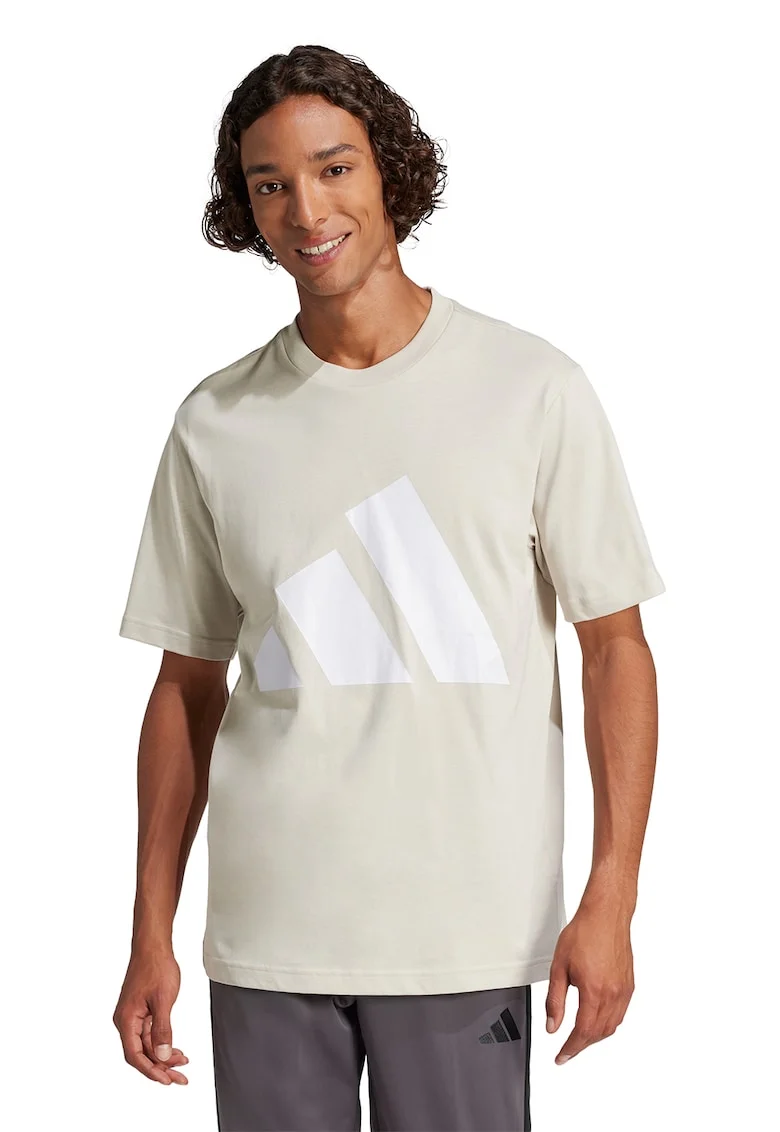 Tricou cu decolteu la baza gatului si imprimeu logo, Alb fildes