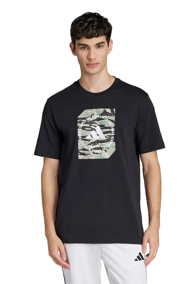 Tricou cu decolteu la baza gatului si imprimeu logo, Alb/Negru/Verde sparanghel